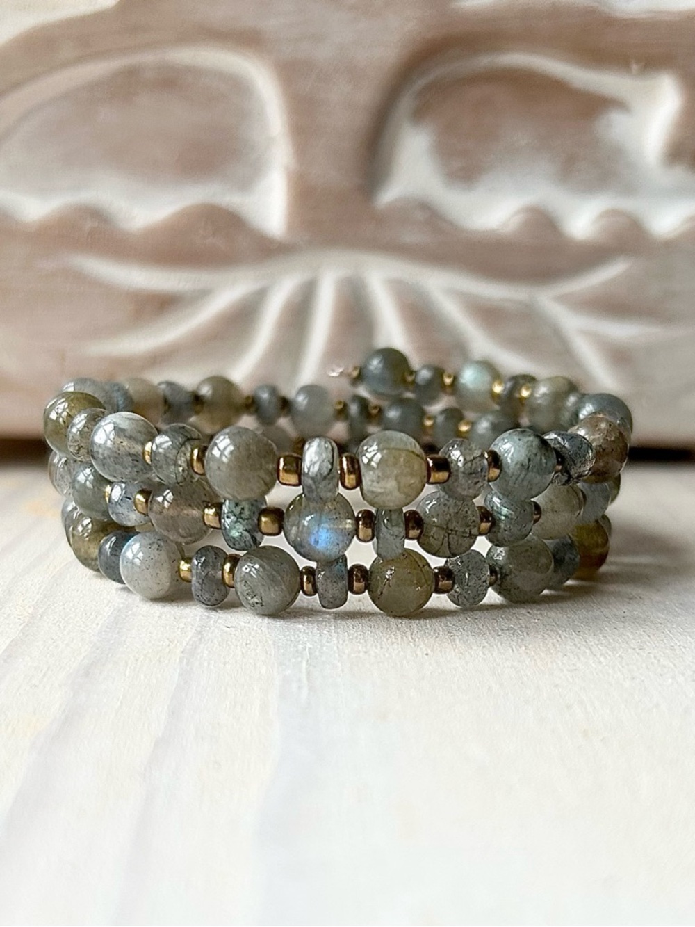 Labradorite Beaded Wrap Bracelet - Gray with Brass Accents - natural labradorite